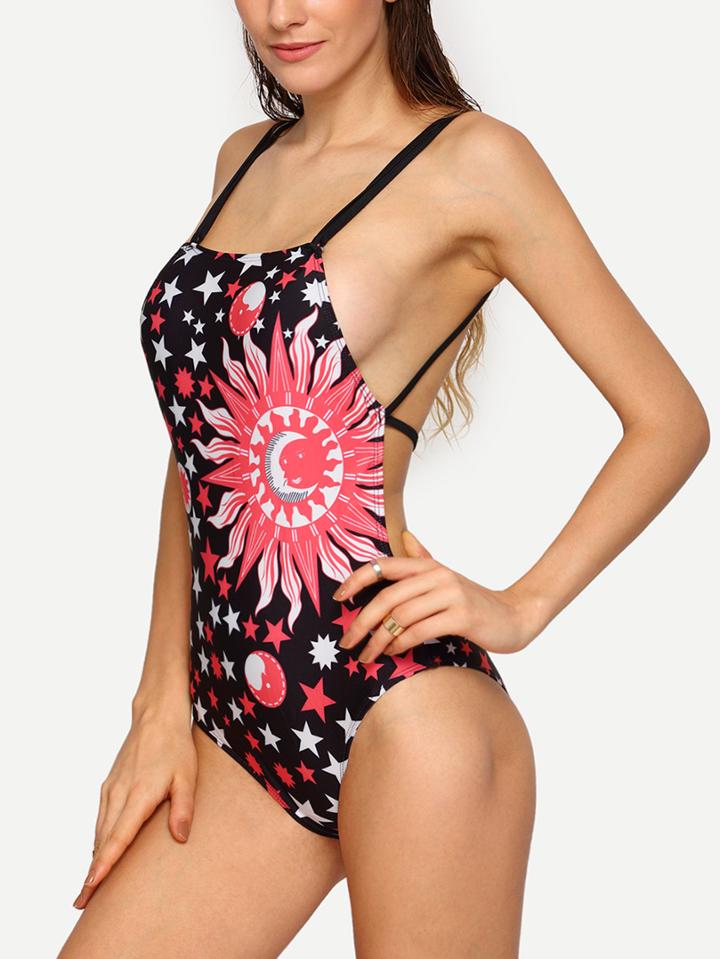 Romwe Sun & Star Pirnt Strappy One-piece Swimwear