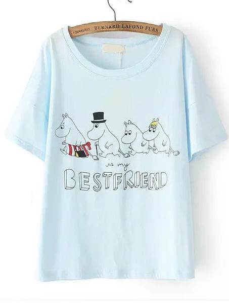 Romwe Hippos Print Pale Blue T-shirt