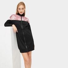 Romwe Zip Up Crushed Velvet Panel Drawstring Waist Dress