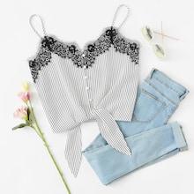Romwe Lace Insert Knot Front Striped Cami Top