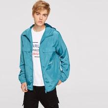Romwe Guys Embroidered Flap Pocket Windbreaker Hoodie Jacket