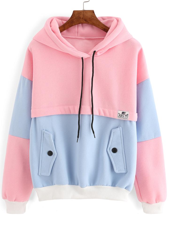 Romwe Colour-block Drawstring Hooded Pockets Sweatshirt