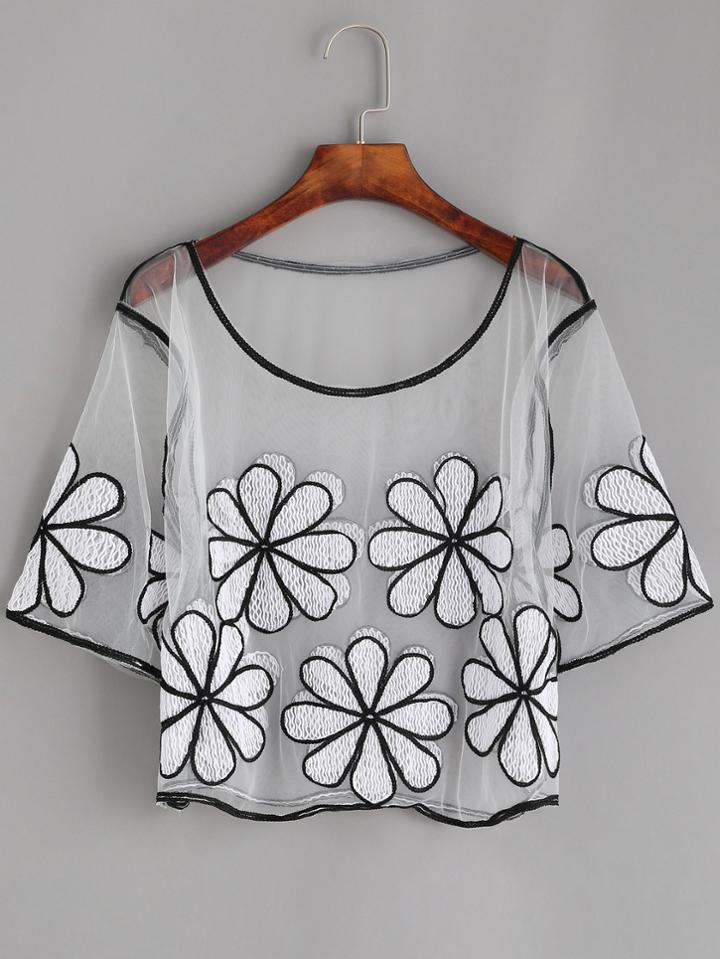 Romwe Flower Embroidered Mesh Crop Top
