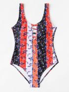 Romwe Criss Cross Calico Print Swimsuit