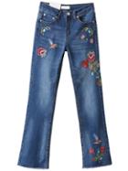 Romwe Blue Floral Embroidery Raw Hem Jeans