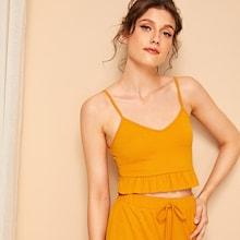 Romwe Frill Trim Ribbed Cami Pj Set