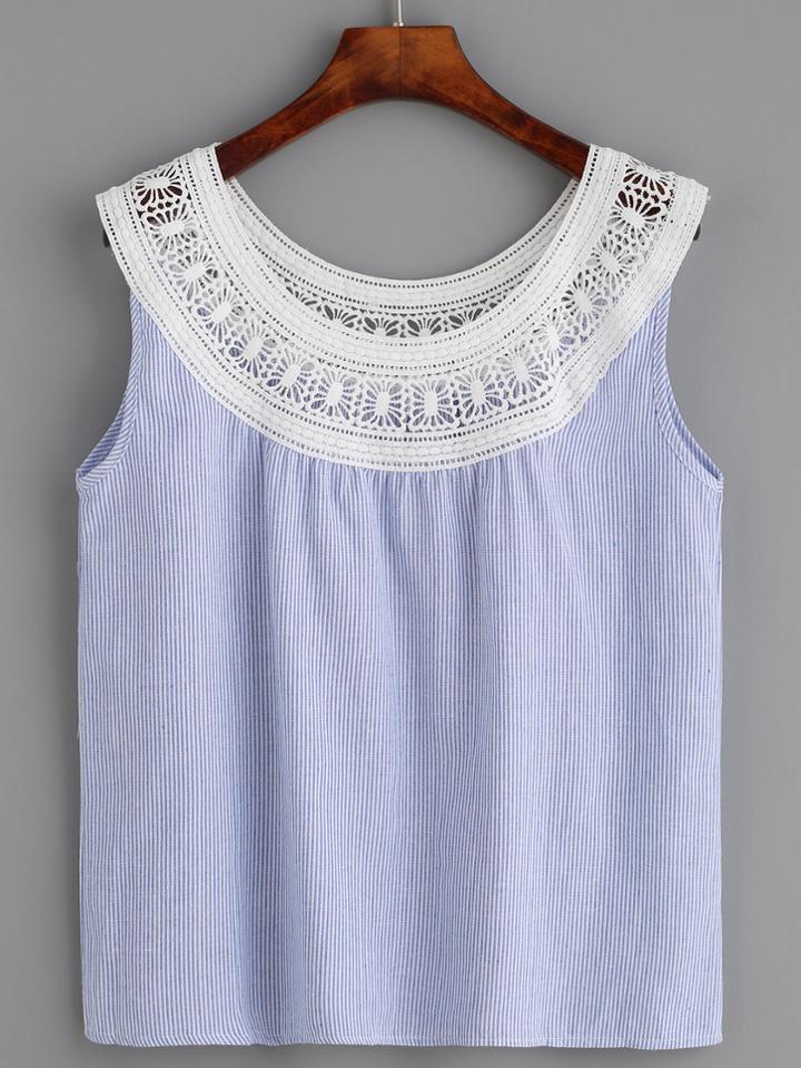 Romwe Blue Vertical Striped Crochet Neck Top