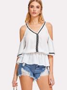 Romwe Open Shoulder Ruffle Hem Top