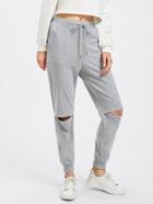 Romwe Knee Cutout Heathered Drawstring Sweatpants