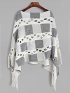 Romwe Color Block Hollow Fringe Hem Asymmetrical Poncho Sweater