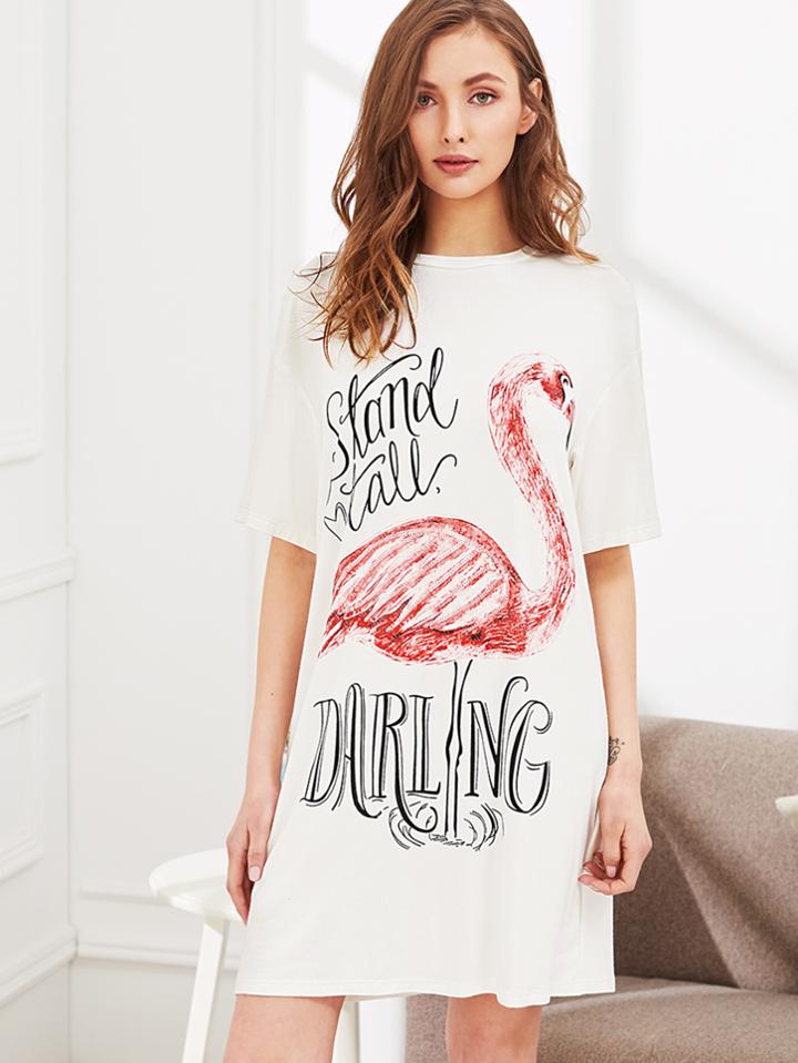 Romwe Flamingo Print Short Sleeve Nightdress