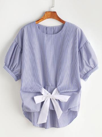 Romwe Tie Up Bow Front Striped High Low Blouse