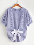 Romwe Tie Up Bow Front Striped High Low Blouse