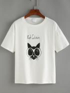 Romwe Cat Print Drop Shoulder T-shirt - White