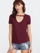 Romwe Burgundy Cutout V Neck Short Sleeve T-shirt