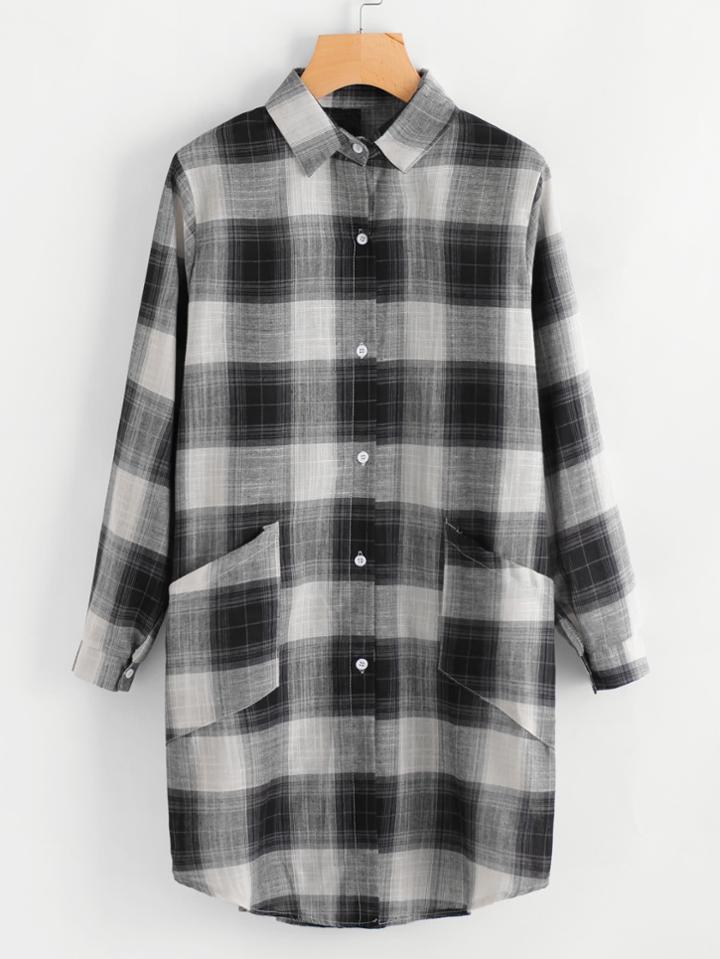 Romwe Dual Pocket Checkered Shirt Dress