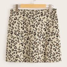 Romwe Leopard Print Zipper Skirt