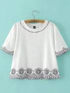 Romwe White Round Neck Embroidery T-shirt