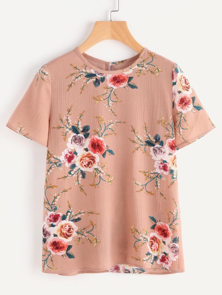 Romwe Button Closure Back Flower Print Top