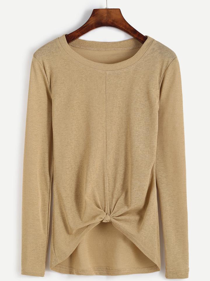 Romwe Khaki Knotted Front T-shirt