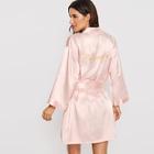 Romwe Letter Embroidered Self Belted Satin Bridesmaid Robe