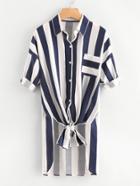 Romwe Rolled Sleeve Striped Dip Hem Knot Front Blouse
