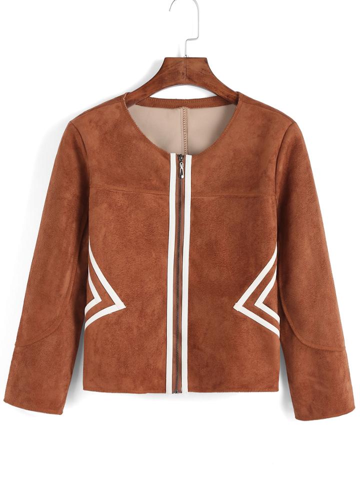 Romwe Round Neck Zipper Suede Coat