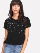 Romwe Pearl Embellished Solid Tee