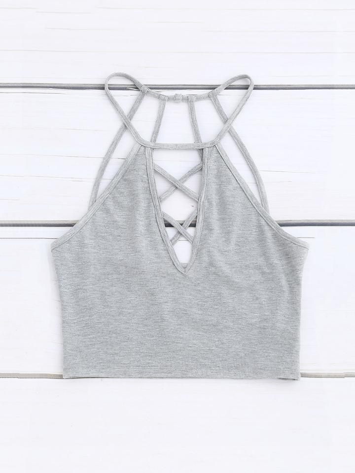 Romwe Caged Back Crisscross Plunging Halter Top