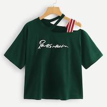 Romwe Plus Asymmetrical Neck Slogan Embroidered Tee