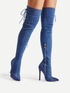Romwe Lace Up Side Pointed Toe Denim Boots