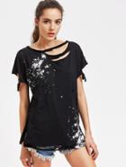 Romwe Splatter Print Slit Hem Distressed Tee