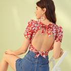 Romwe Floral Print Tie Back Backless Crop Blouse