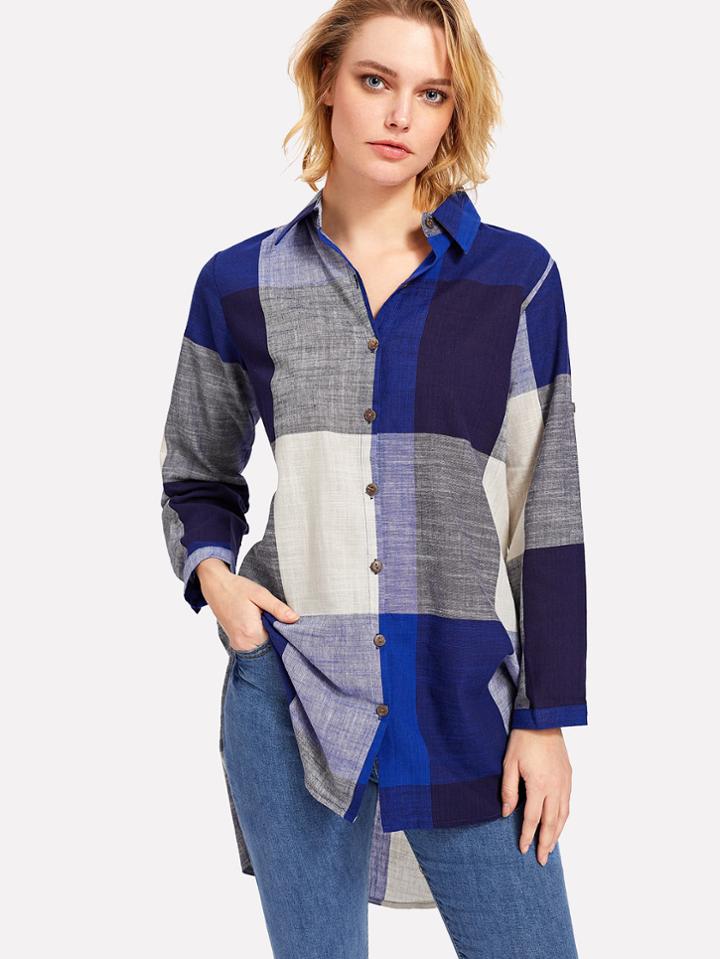 Romwe Slit Side High Low Plaid Shirt