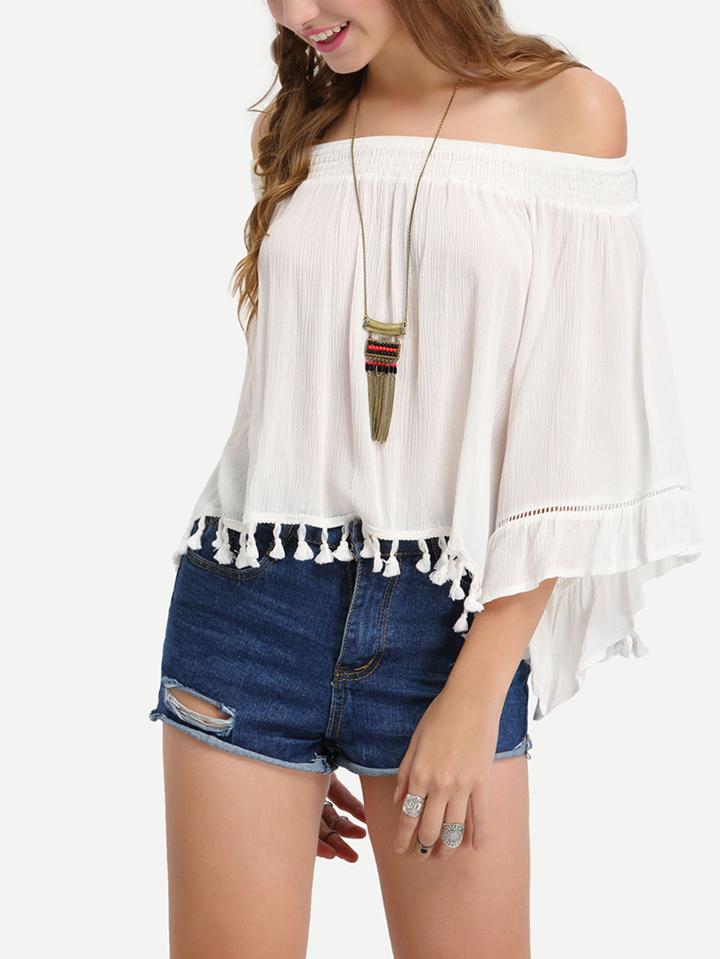 Romwe Off-the -shoulder Tassel Trimmed Blouse - White