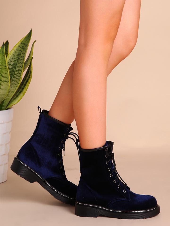 Romwe Velvet Lace Up Short Boots Navy