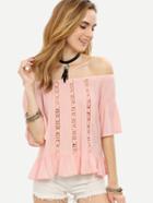 Romwe Pink Lace Insert Ruffled Off The Shoulder Blouse