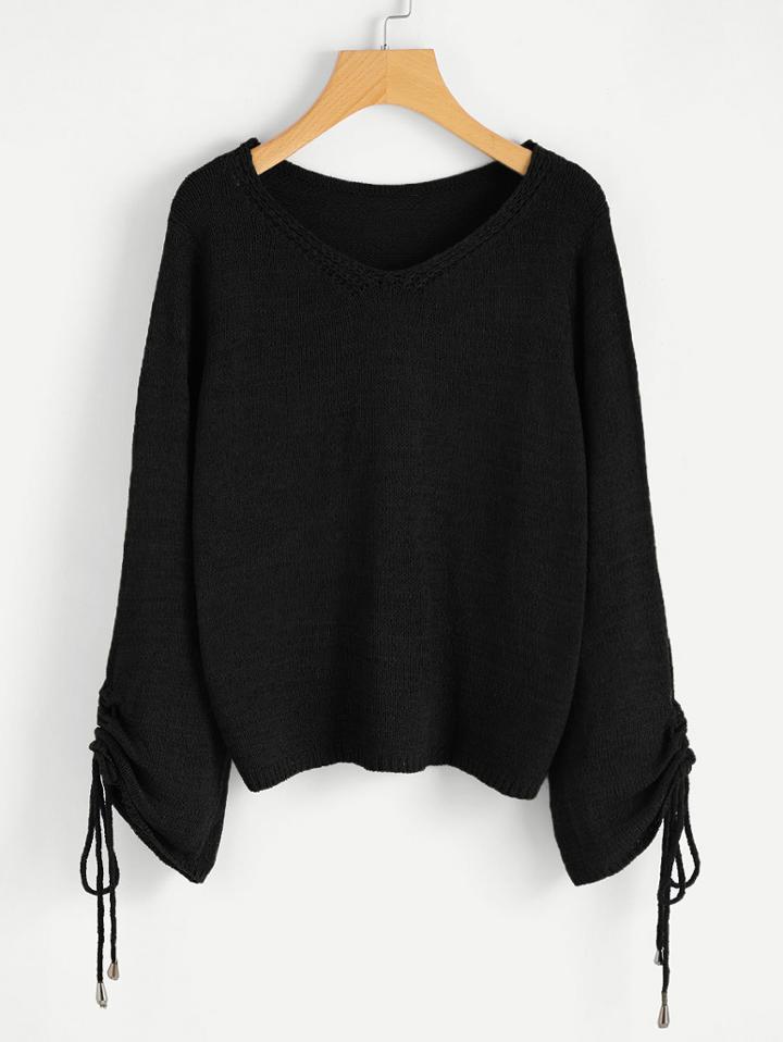 Romwe V-neckline Shirred Sleeve Sweater