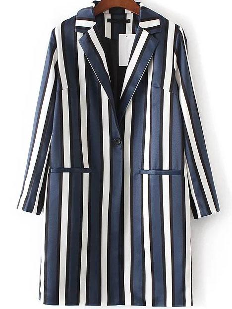 Romwe Blue Vertical Striped Single Button Long Blazer