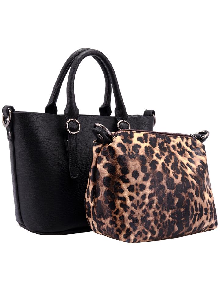 Romwe Black Belt Buckle Pu Bag With Leopard Small Bag