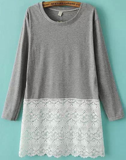 Romwe Contrast Lace Hem Loose Grey Blouse