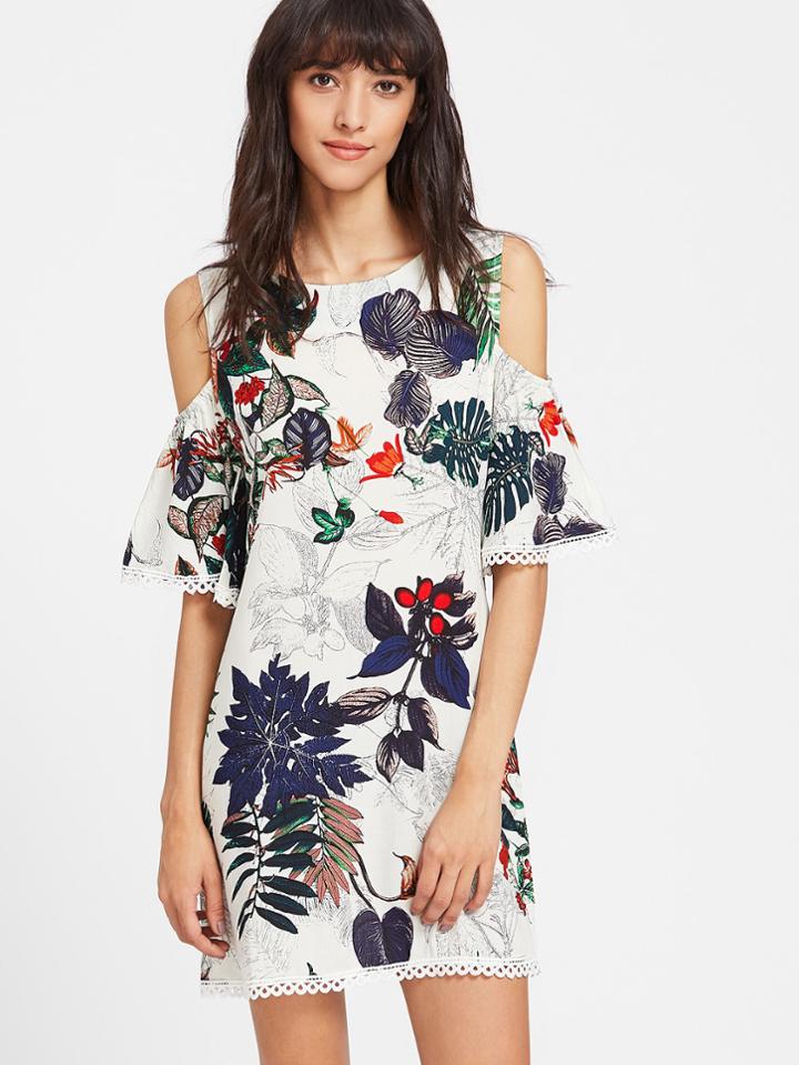 Romwe Tropical Print Cold Shoulder Lace Trim Dress
