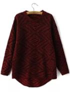 Romwe Diamond Patterned Dipped Hem Wine Red Sweater