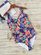 Romwe Navy Floral Print Scalloped Trim One-piece Swimwear