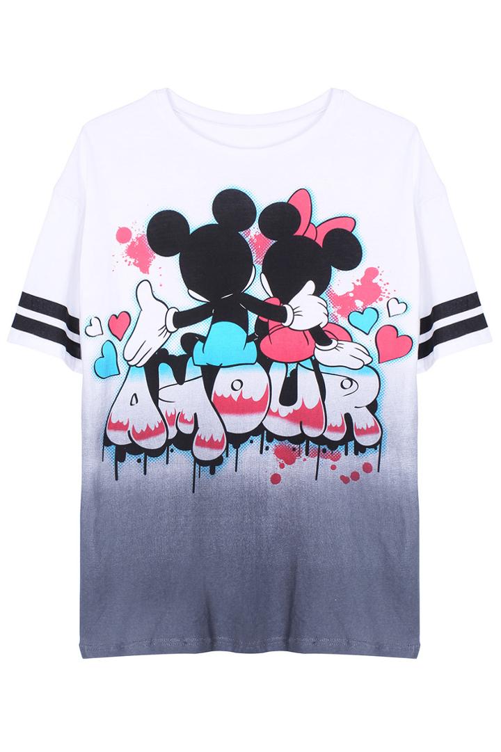 Romwe Romwe Mickey Print Gradient Short-sleeved T-shirt
