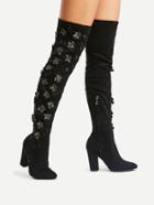 Romwe Pointed Toe Flower Embellished Over The Knee Boots