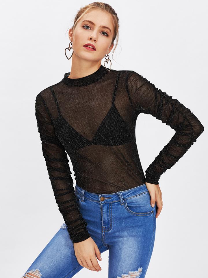 Romwe Glitter Transparent Mesh Top