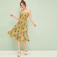 Romwe Pineapple Print Shirred Swing Sundress