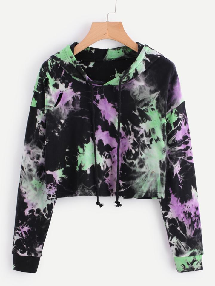 Romwe Water Color Ripped Crop Hoodie