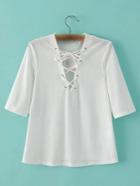 Romwe White Half Sleeve Criss Cross Tie T-shirt